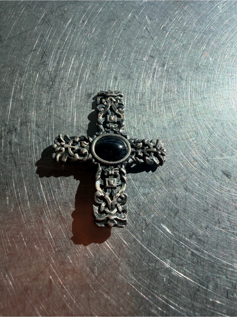 Ornate Black Stone Sterling Cross Pendant